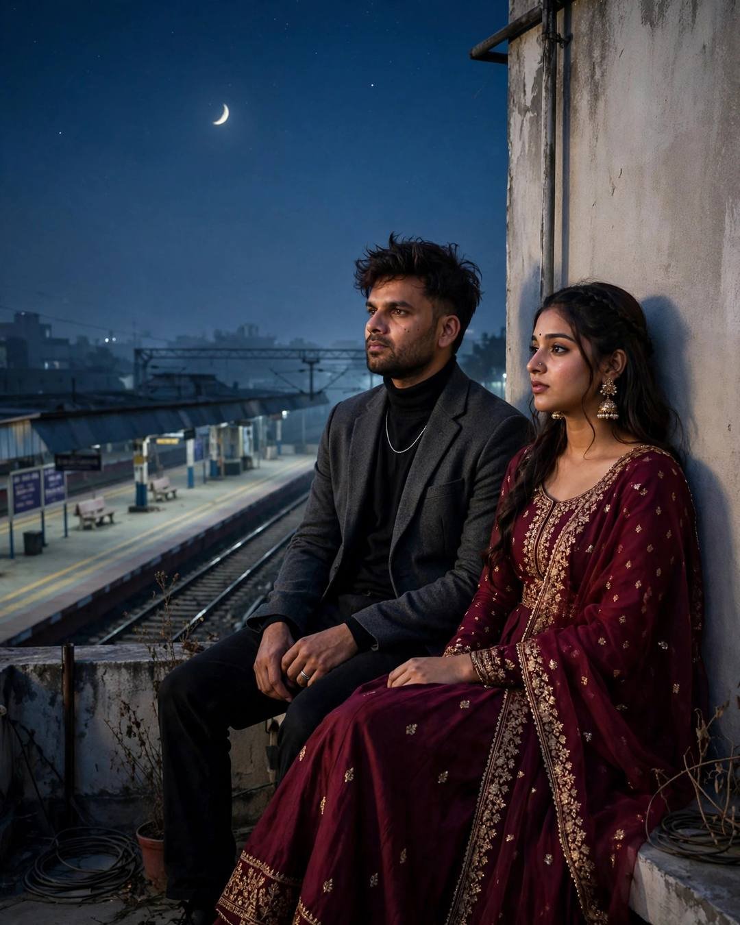 Couple sitting on a rooftop at night above railway tracks, man in charcoal blazer, woman in maroon anarkali, crescent moon