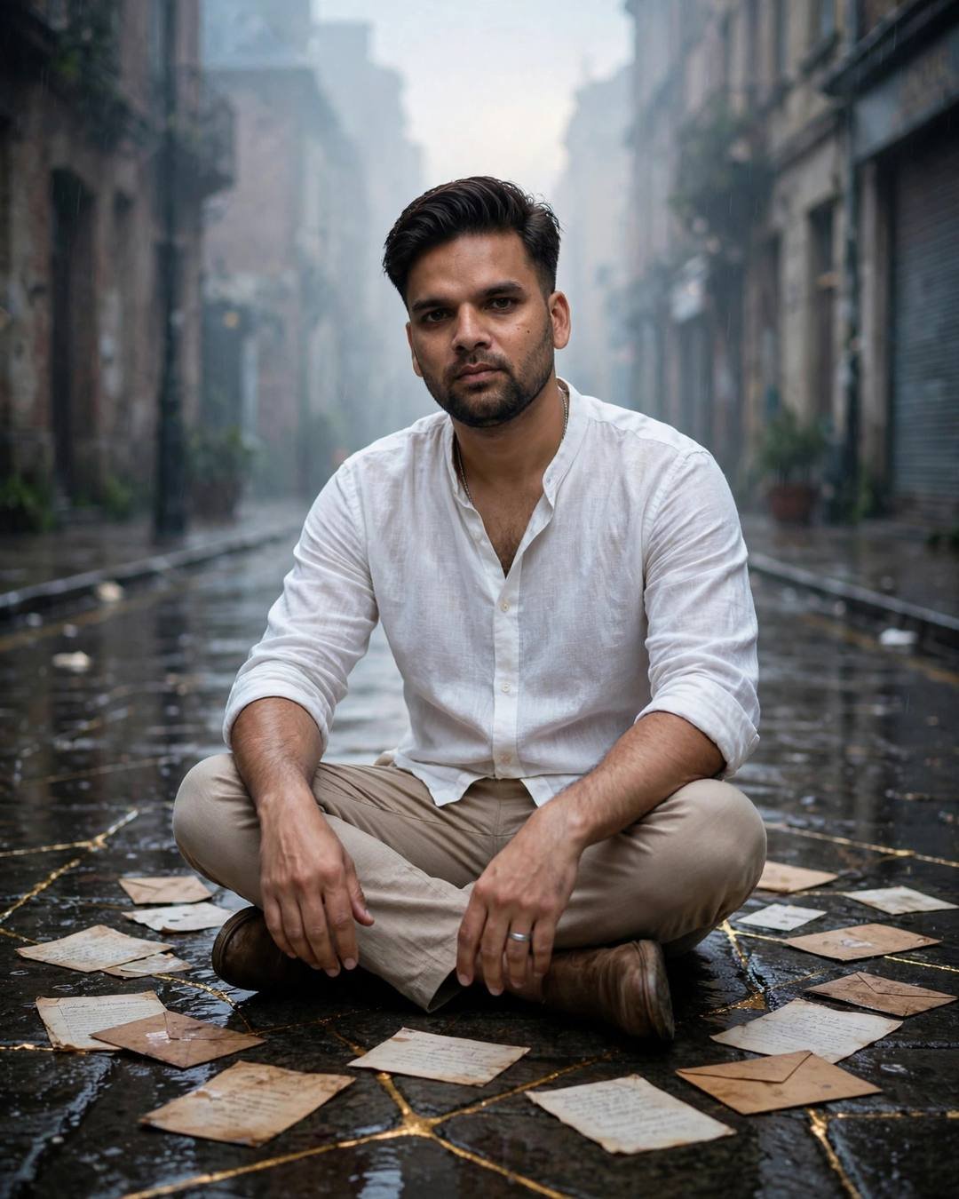 Young man in a white linen shirt sitting cross-legged on a rain-soaked street among old letters, gold veins in the cobblestones