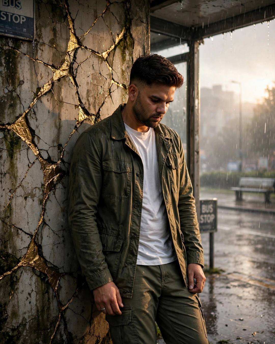 Young man in an olive field jacket leaning against a gold-cracked concrete wall at a rainy bus stop, head tilted down