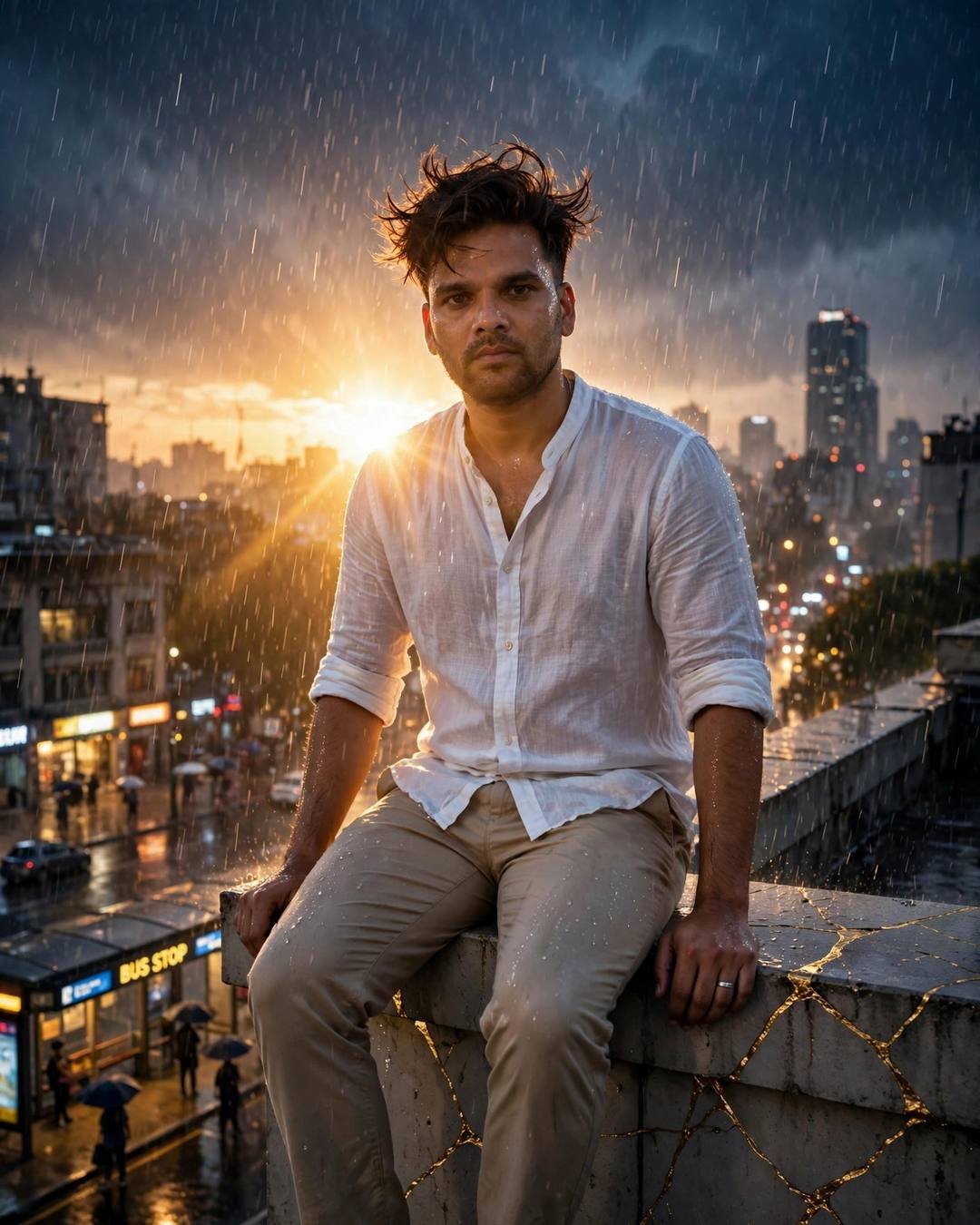 Young man in a white linen shirt sitting on a rooftop ledge with legs dangling over a rain-soaked city, sunrise flaring behind him