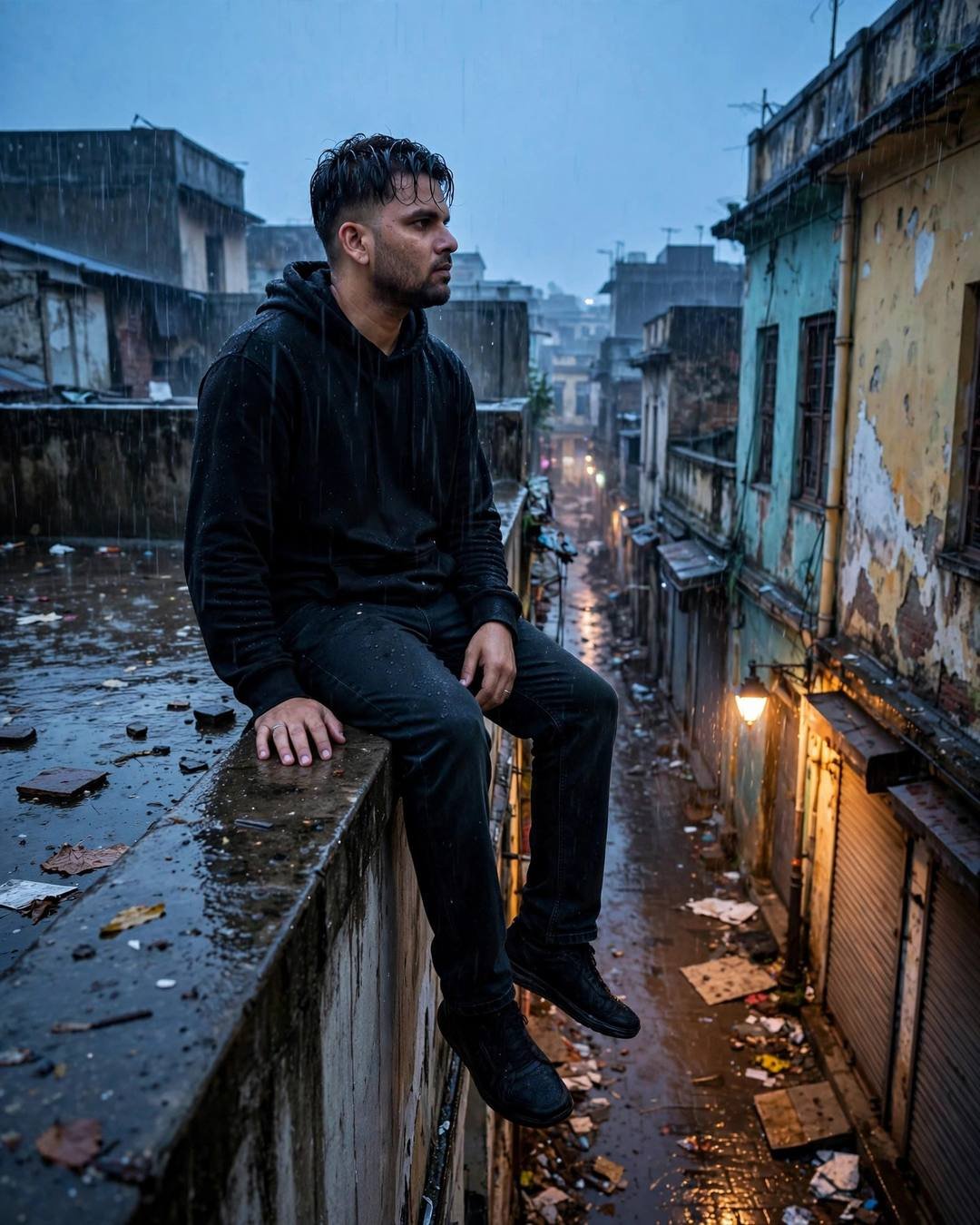 Young Indian man in black hoodie sitting on a rooftop ledge with legs dangling over a rainy old-city lane at blue hour