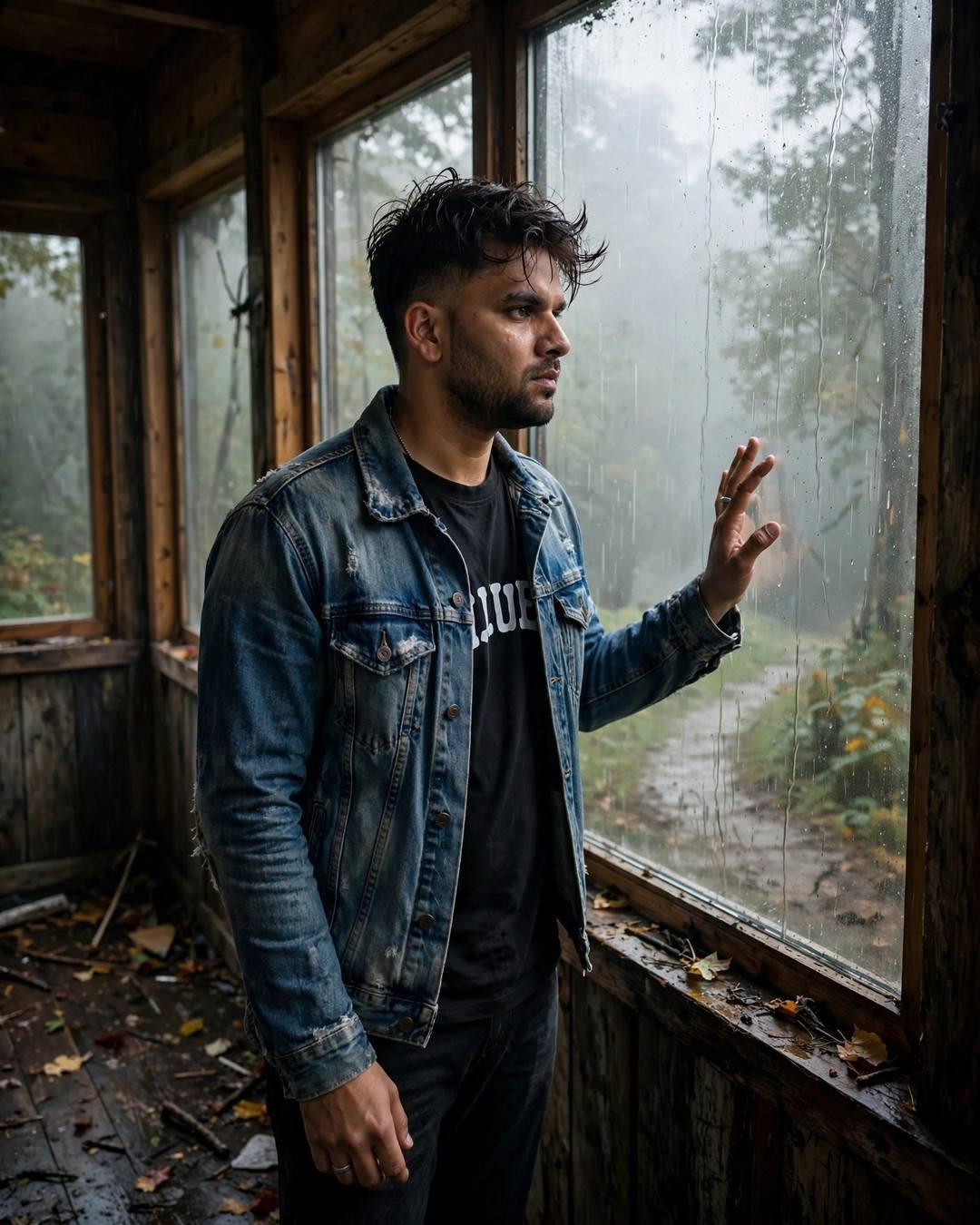 Young Indian man in distressed denim jacket standing at a rain-streaked window of an old cabin, hand on glass, misty forest beyond