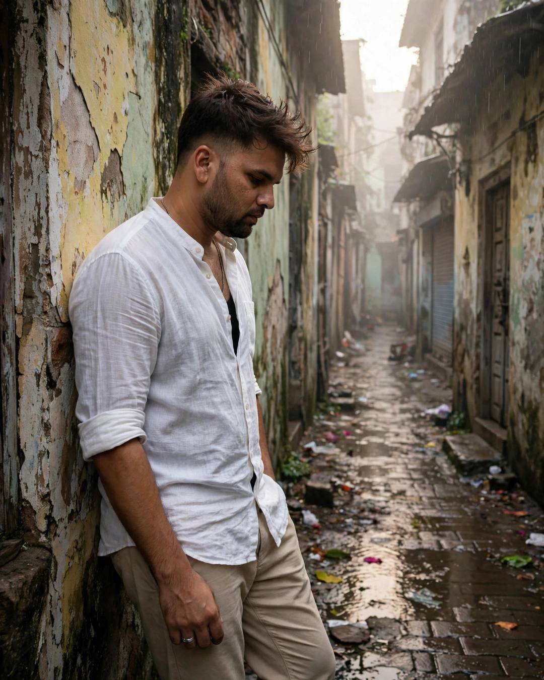 Young Indian man in white linen shirt leaning against a weathered peeling wall in a narrow old-city lane, golden fog at dawn