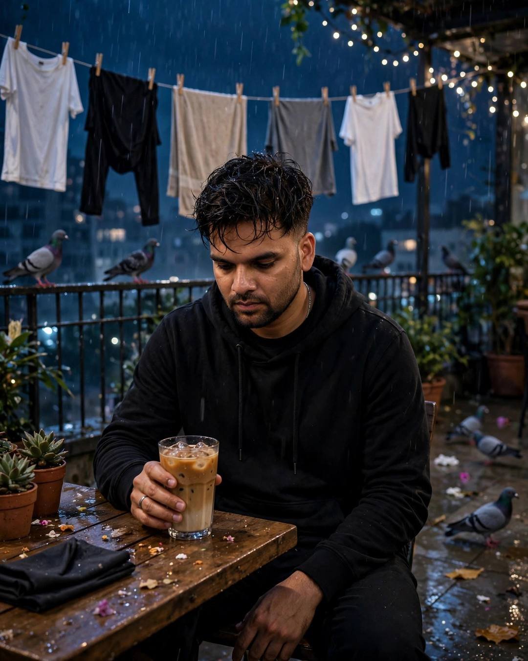 Young Indian man in black streetwear sitting at a terrace cafe table at midnight cradling a cold coffee, clothes lines and pigeons in rain