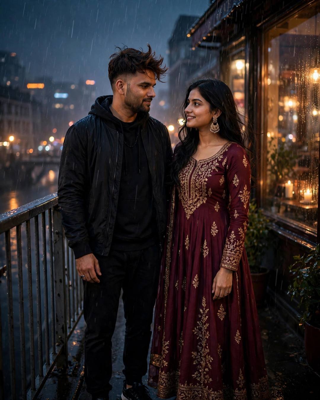 Cinematic AI portrait of a young Indian couple — a tiny anniversary cake with one candle, all-black streetwear with sneakers, windswept textured hair, old cafe by a fogged window