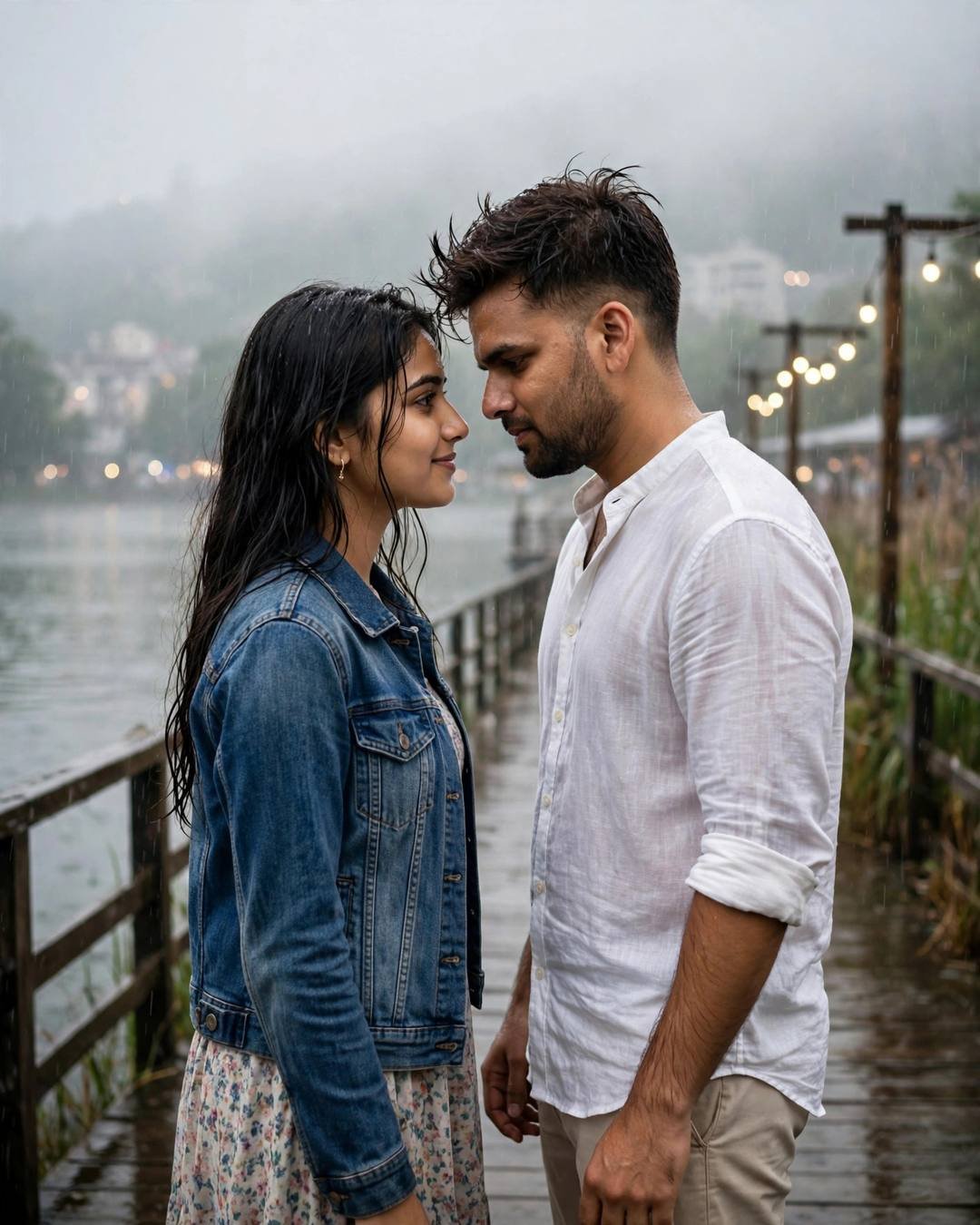 Cinematic AI portrait of a young Indian couple — his thumb tracing her knuckles softly across, grey kurta with dark pajama, damp rain-wet hair, narrow old-city lane with peeling walls