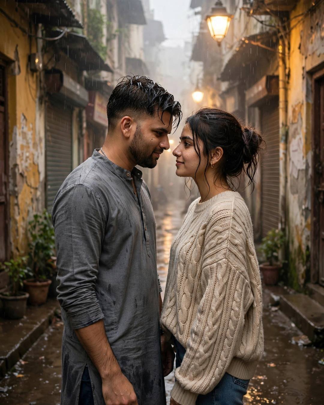 Cinematic AI portrait of a young Indian couple — a slow thoughtful chess match while both, navy sweater over collared shirt, damp rain-wet hair, abandoned cinema hall