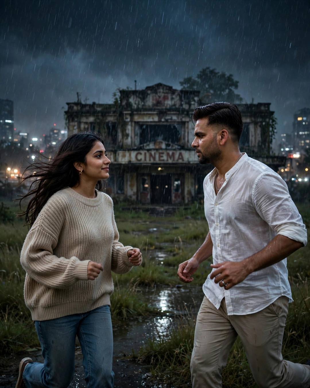Young Indian couple running toward each other before an abandoned cinema hall at midnight in rain, man in white linen shirt, woman in beige sweater, city glow