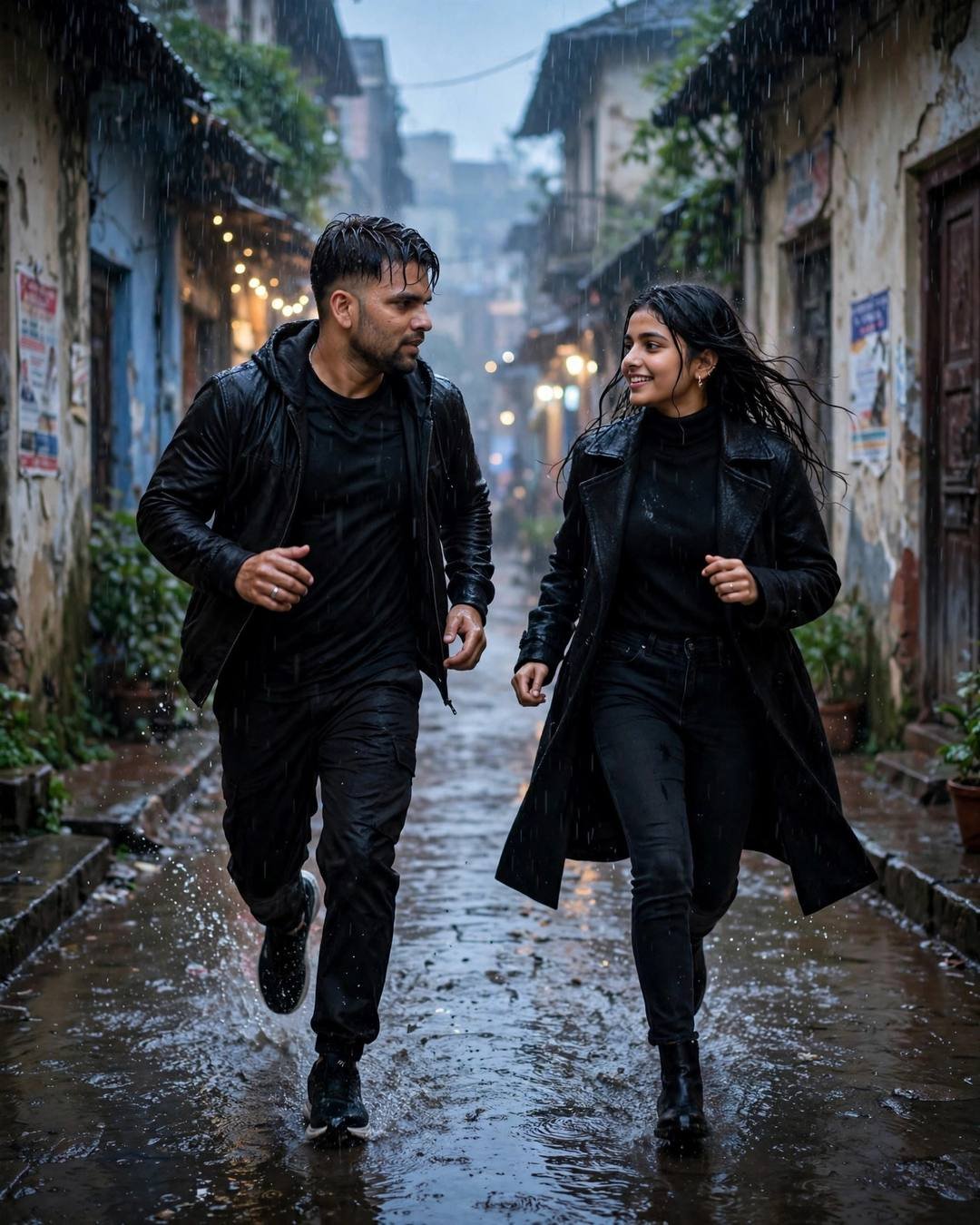 Young Indian couple running toward each other in a rain-soaked narrow old-city lane at dusk, man in black streetwear, woman in black turtleneck and long coat