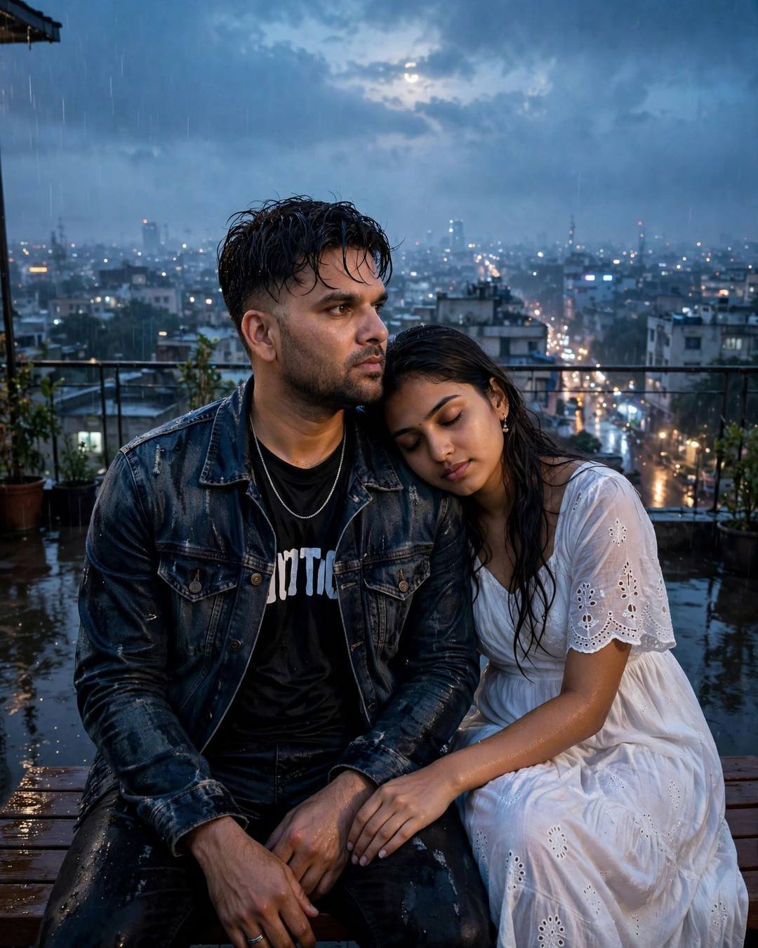 Young Indian couple sitting close on a rooftop bench at dawn, woman's head on man's shoulder, denim jacket, white dress, moon and sleeping city behind