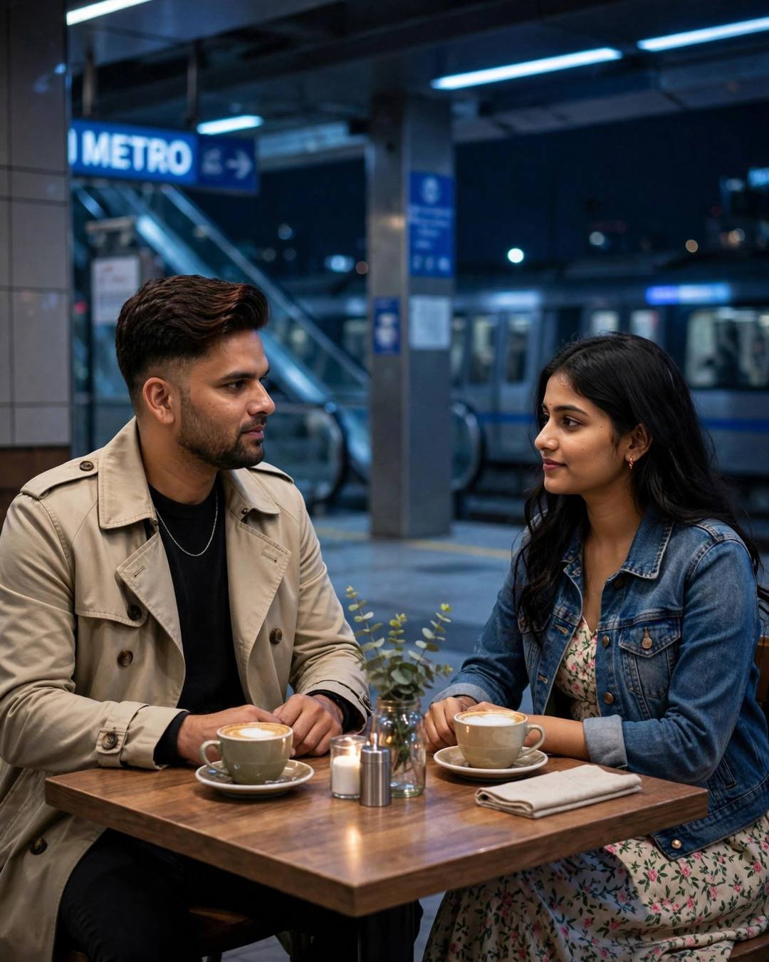 Young Indian couple sitting across a small cafe table at a metro station at midnight, man in beige trench coat, woman in denim jacket, cappuccinos steaming
