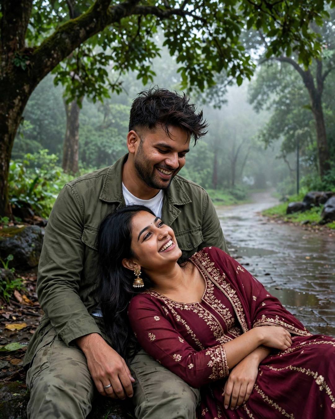 Young Indian couple sitting under a tree on a misty forest path, laughing together, man in olive field jacket, woman in maroon anarkali with jhumkas