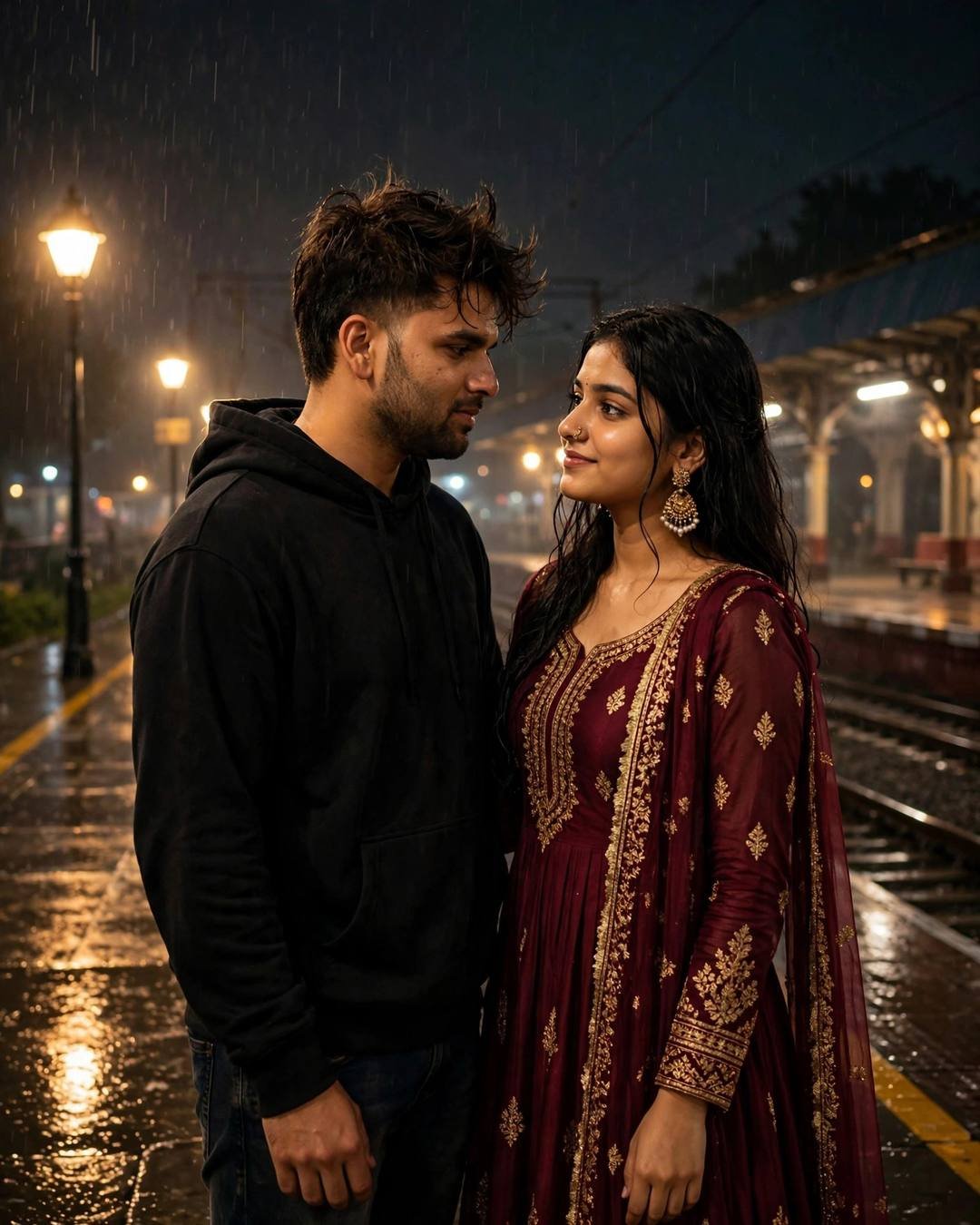 Young Indian couple standing close on a railway platform at night in rain, gazing into each other's eyes, man in black hoodie, woman in maroon anarkali, streetlamps glowing