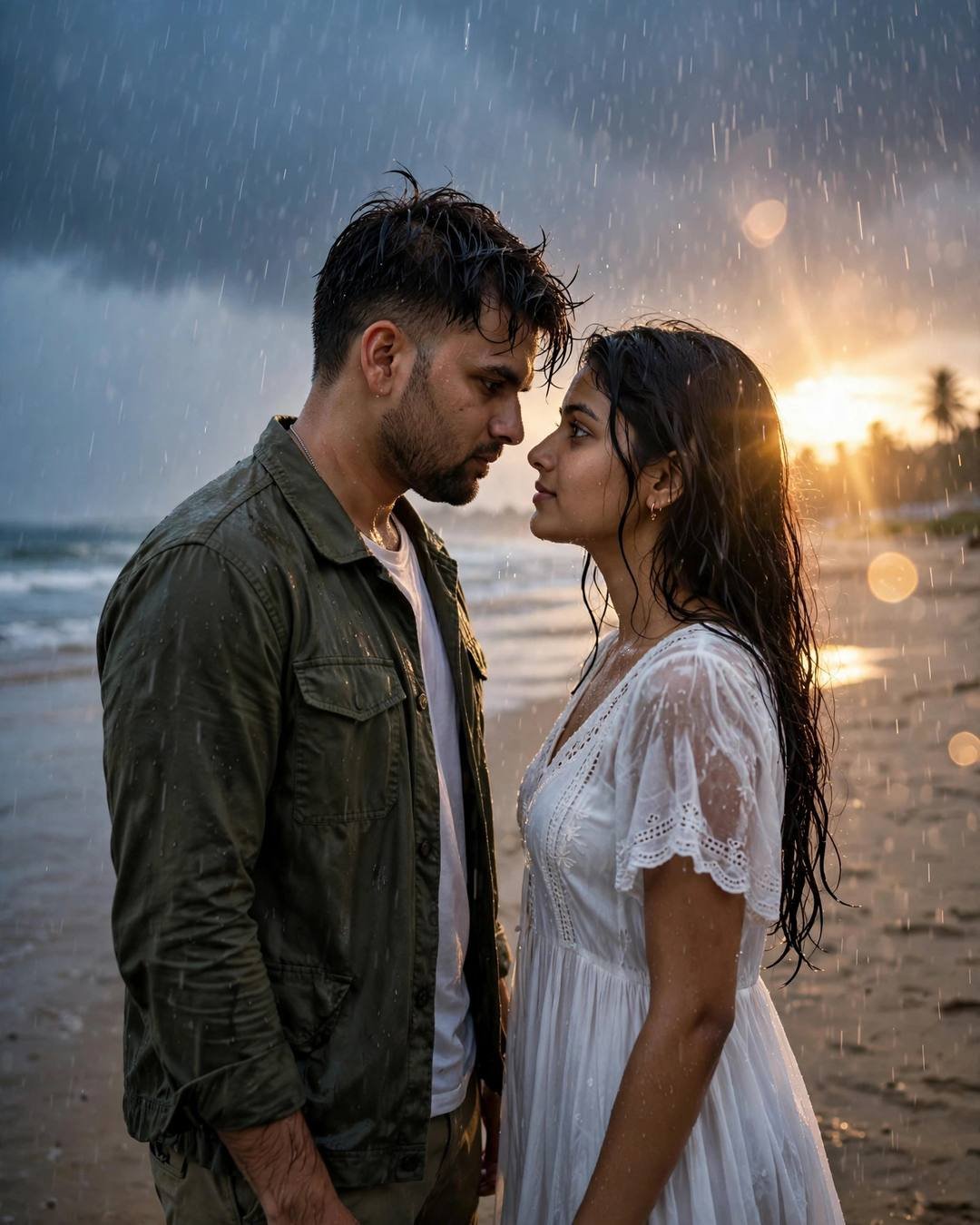 Young Indian couple standing face to face on a deserted beach at dusk in heavy rain, foreheads almost touching, olive field jacket, white dress, golden backlight flare