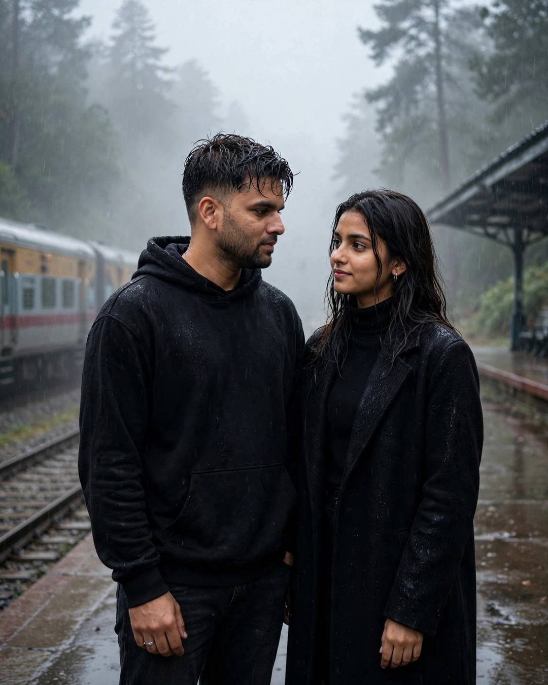 Young Indian couple standing close on a foggy railway platform at dawn, gazing into each other's eyes, man in black hoodie, woman in black turtleneck and long coat, train waiting, mist
