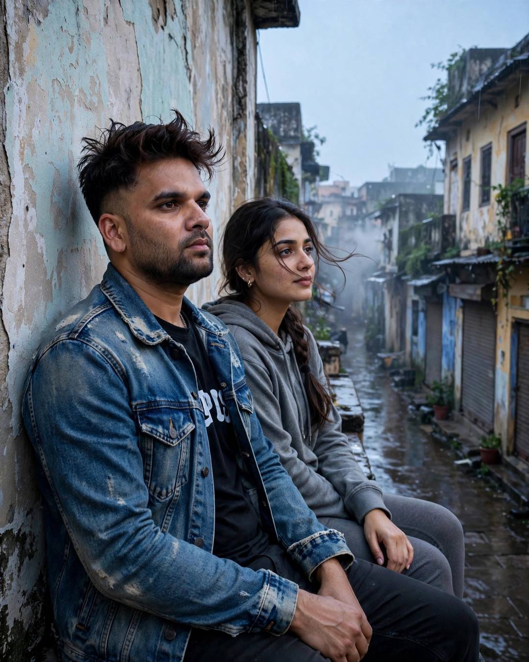Young Indian couple sitting side by side against a peeling wall in a narrow old-city lane at dawn, man in denim jacket, woman in grey hoodie and leggings, wet lane reflections
