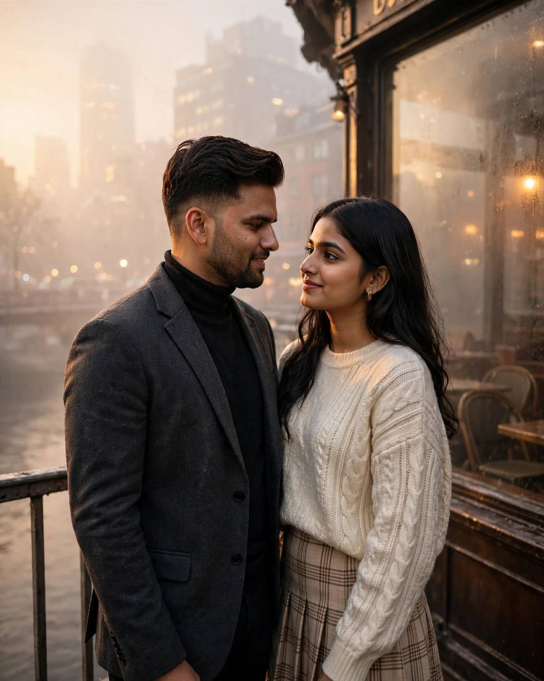 Young Indian couple standing face to face on a foggy bridge at golden hour, man in charcoal blazer and black turtleneck, woman in cream cable-knit, dramatic side light