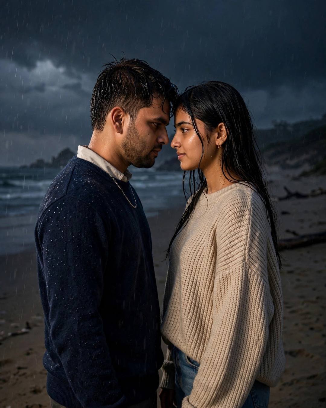 Young Indian couple standing face to face on a deserted beach at dusk in light rain, foreheads touching, navy sweater, beige sweater, dramatic side light