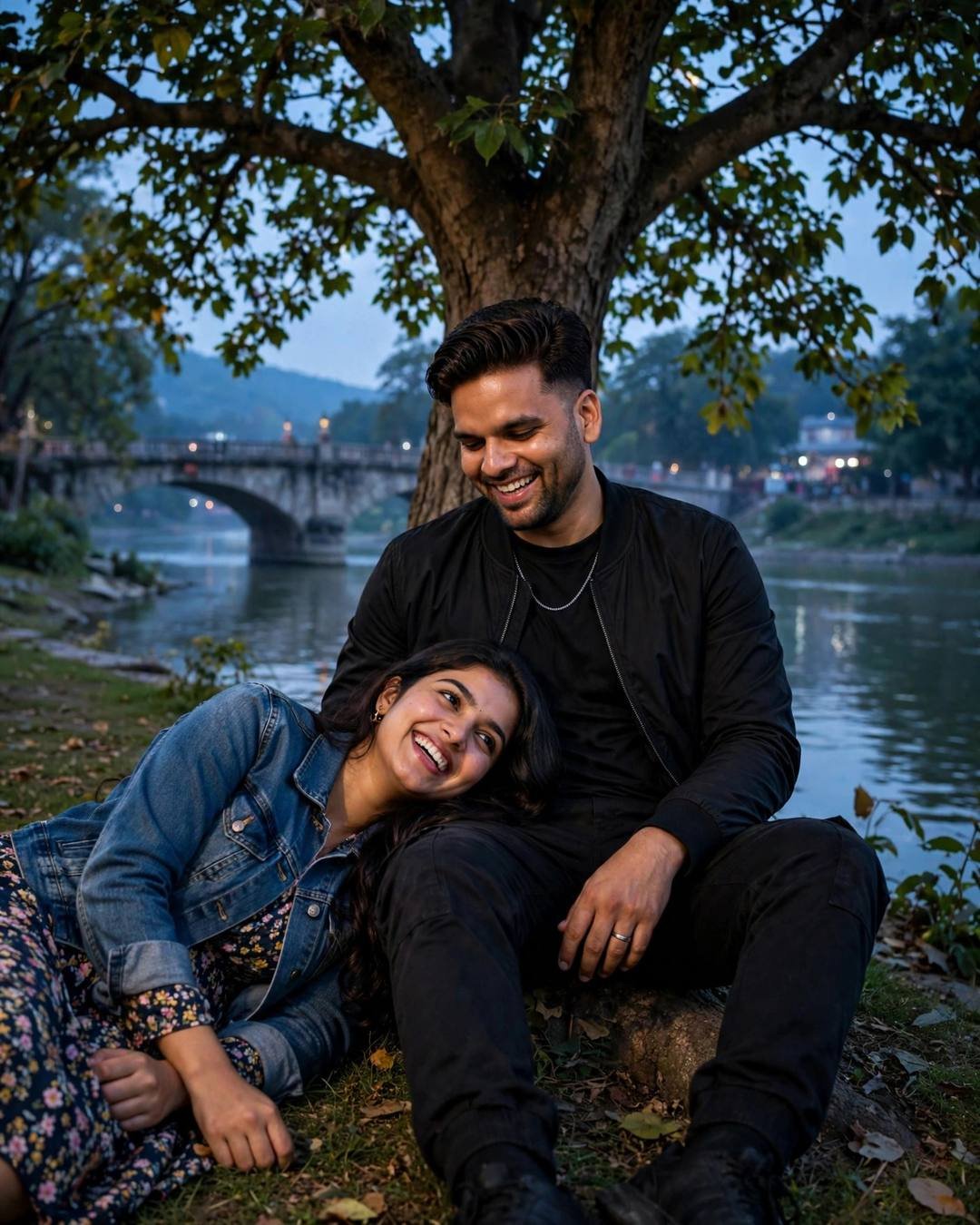 Young Indian couple sitting under a tree by a river at blue hour, woman's head in man's lap, both laughing, black streetwear, denim jacket over floral dress, bridge behind
