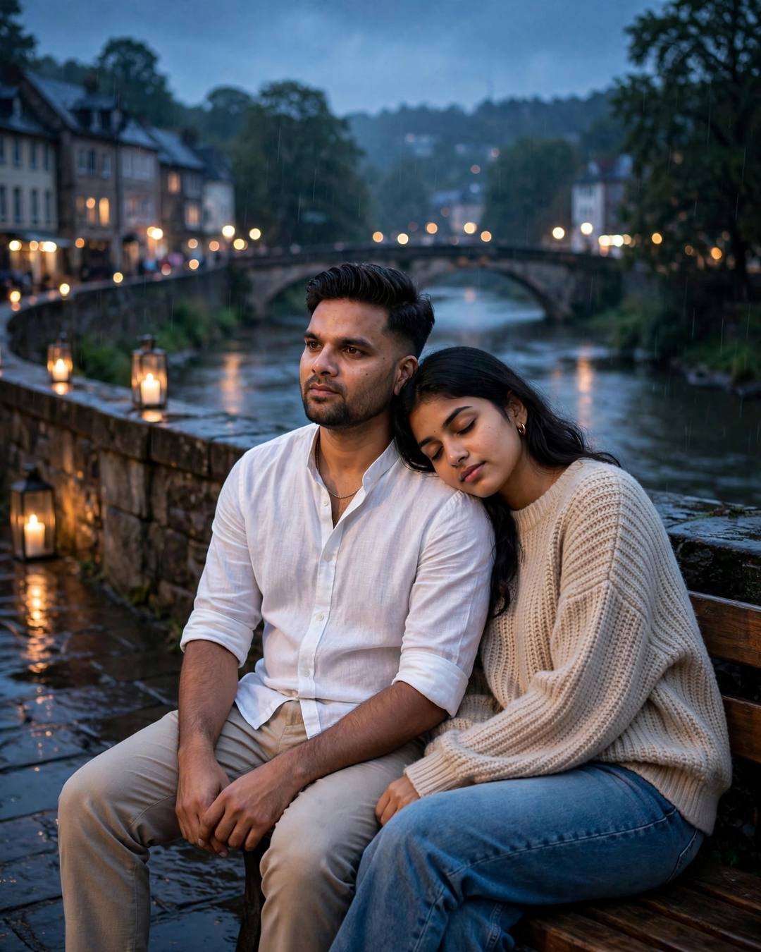 Young Indian couple sitting close on a bench by a bridge over a slow river at blue hour, woman's head on man's shoulder, white linen shirt, beige sweater, lanterns glowing