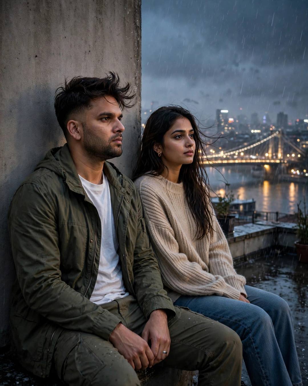 Young Indian couple sitting on a rooftop ledge at night, backs against the wall, man in olive field jacket, woman in beige sweater, glowing river and bridge behind