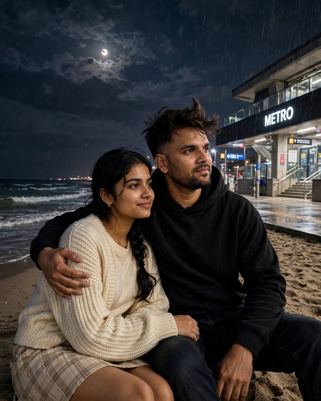 Young Indian couple sitting close on sand at midnight in drizzle, man in black hoodie with arm around woman, woman in cream knit top and plaid skirt, moon, waves
