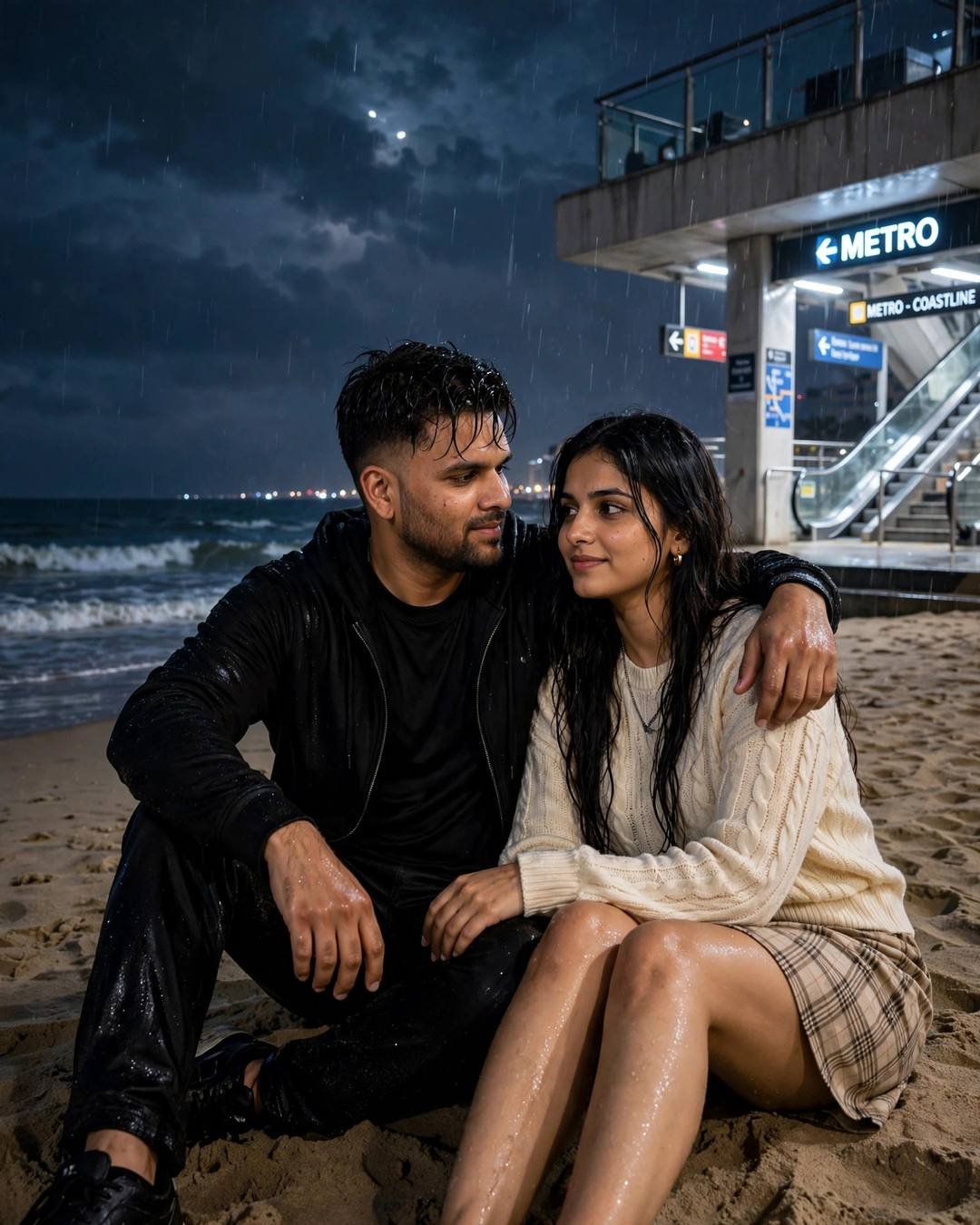 Young Indian couple sitting close on sand at night in heavy rain, man in black jacket, woman in cream cable-knit and plaid skirt, metro station glowing behind