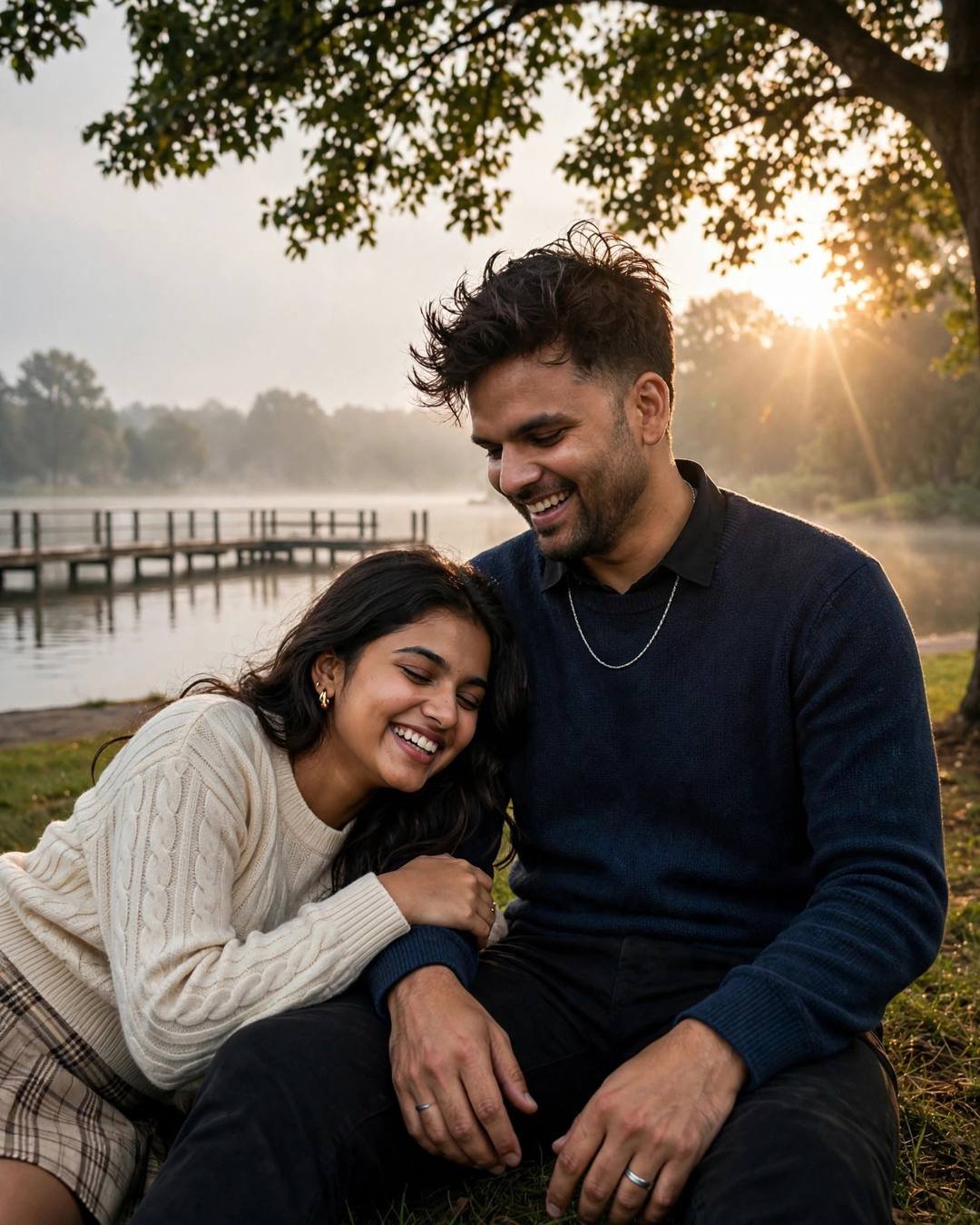 Young Indian couple sitting under a tree by a lake pier at dawn, laughing, man in navy sweater, woman in cream cable-knit, golden backlight flare