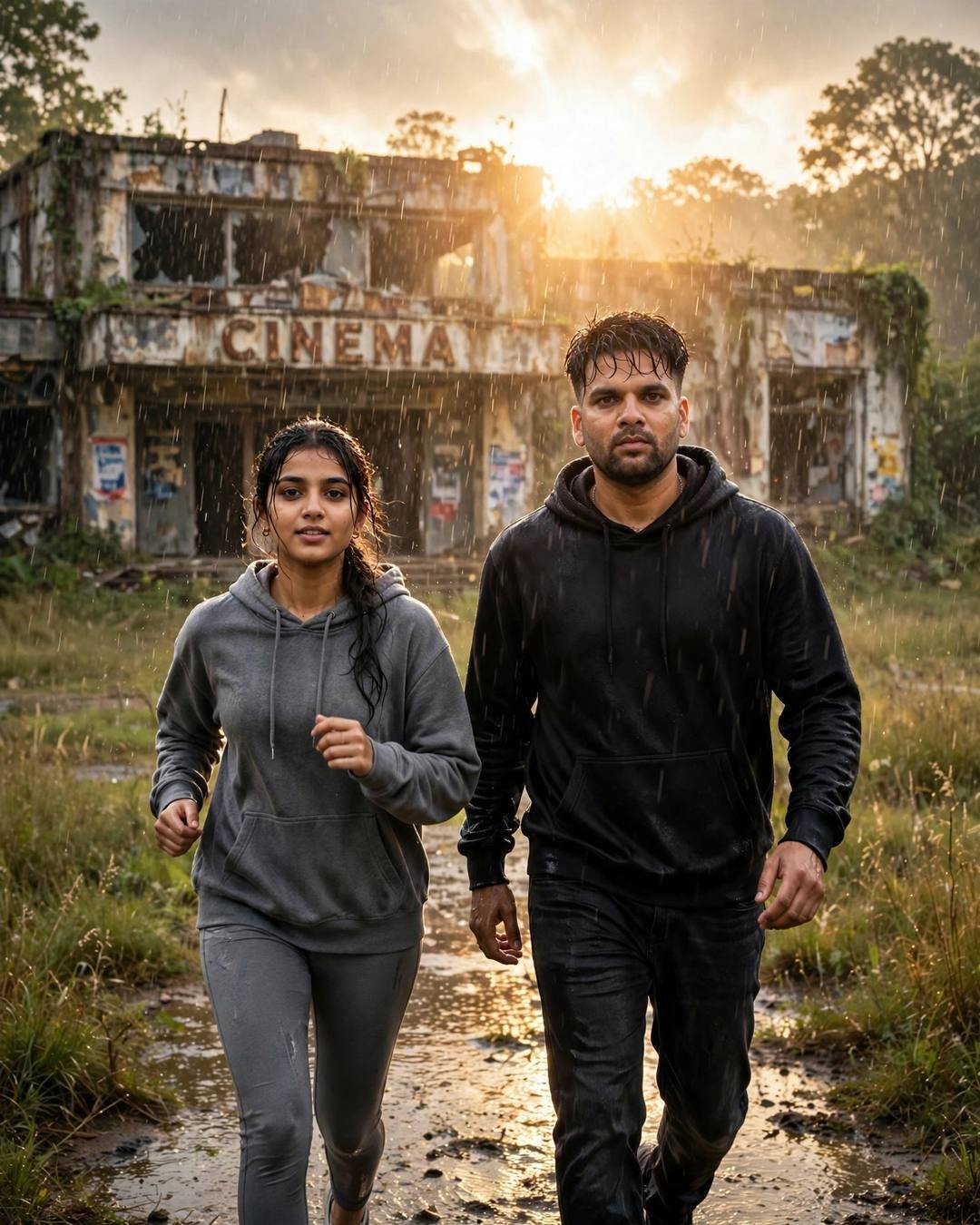 Young Indian couple walking side by side toward camera in monsoon rain, man in black hoodie, woman in grey hoodie and leggings, abandoned cinema behind, golden light