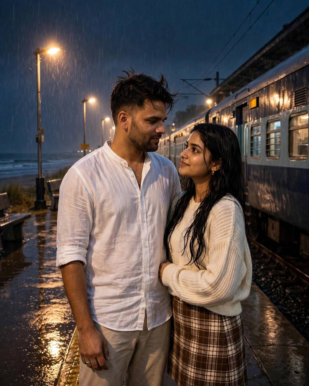 Young Indian couple in a tight hug on a rainy railway platform at night, train waiting, sodium lamps glowing, sea beyond