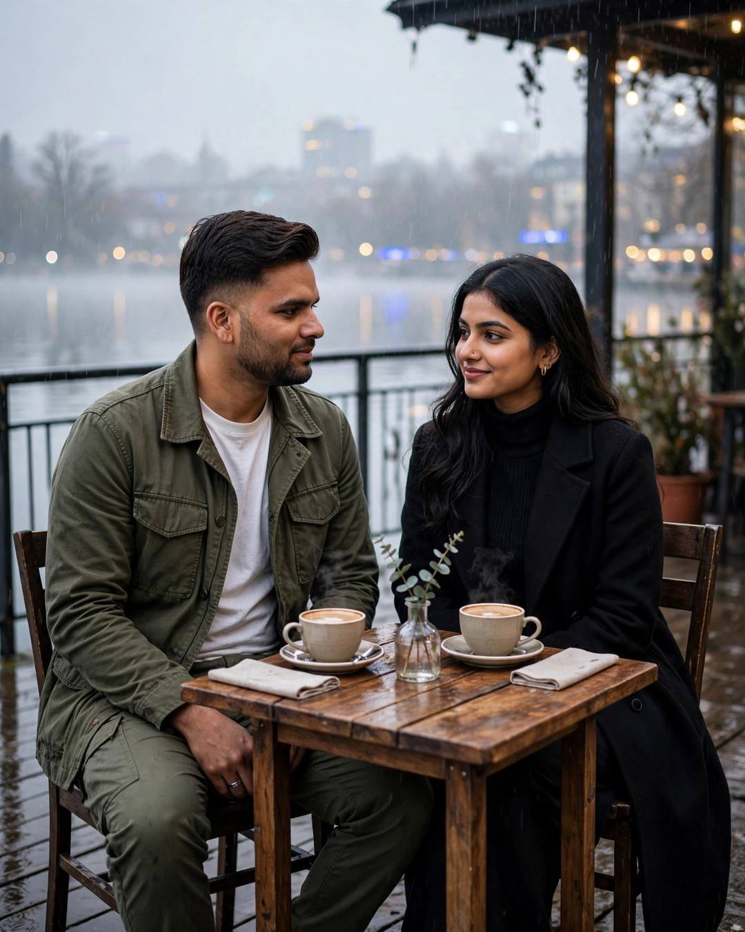 Young Indian couple sitting across a small cafe table with coffee cups on a rainy lake pier at dawn, hands almost touching