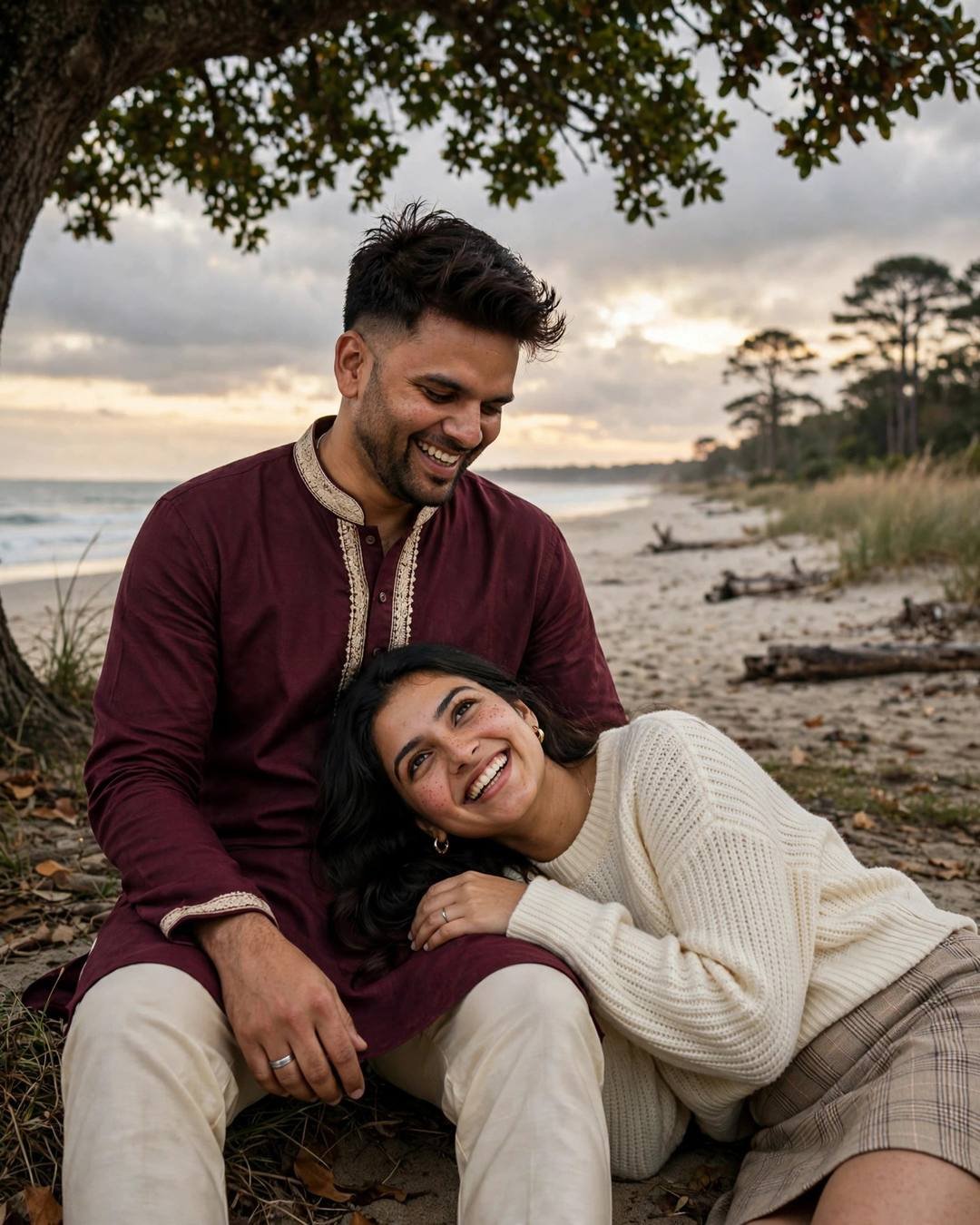 Young Indian couple laughing under a tree at a deserted beach, woman's head in man's lap, man in maroon kurta