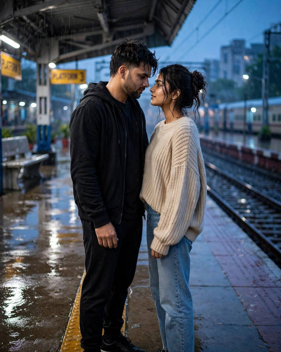 Young Indian couple face to face with foreheads almost touching on an empty railway platform at blue hour, Platform 3 signs glowing