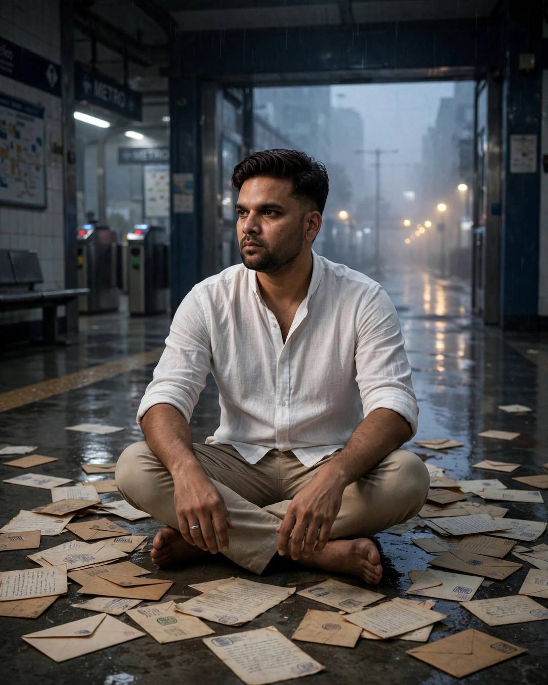 Cinematic AI portrait of a young Indian man — rain hammering a tin roof above him, white linen shirt with rolled sleeves, beige trousers, neatly combed side part, midnight metro station
