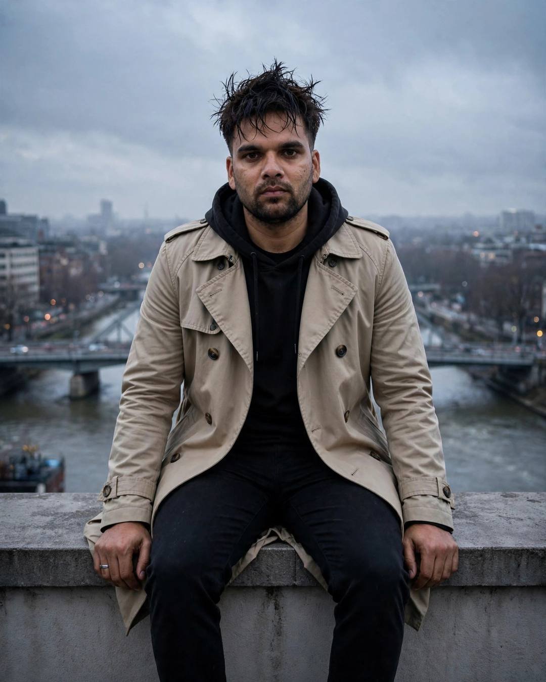 Cinematic AI portrait of a young Indian man — a passing tram's light revealing him briefly, beige trench coat over dark layers, towel-dried tousled hair, bridge over a slow river