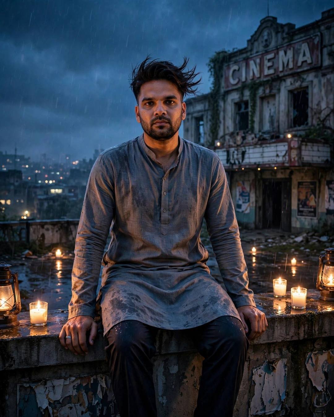 Cinematic AI portrait of a young Indian man — raindrops sliding off his damp hair in, grey kurta with dark pajama, windswept textured hair, abandoned cinema hall