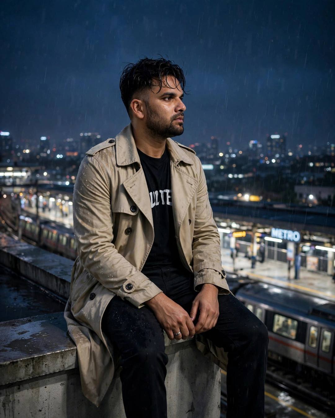 Cinematic AI portrait of a young Indian man — mist rolling slowly past his worn boots, beige trench coat over dark layers, towel-dried tousled hair, midnight metro station