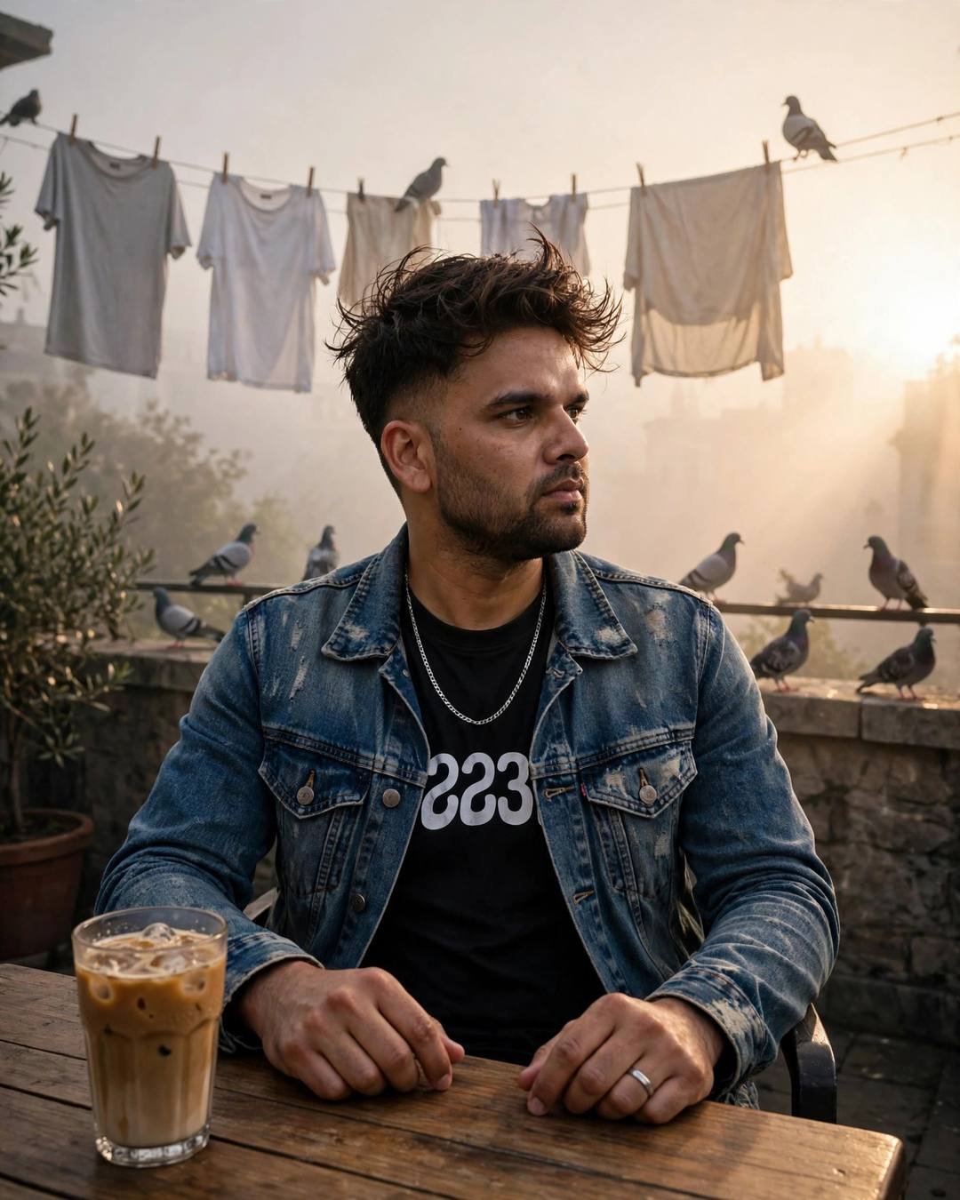 Young Indian man in distressed denim jacket sitting at a wooden table with iced coffee on a terrace with drying clothes and pigeons at dawn