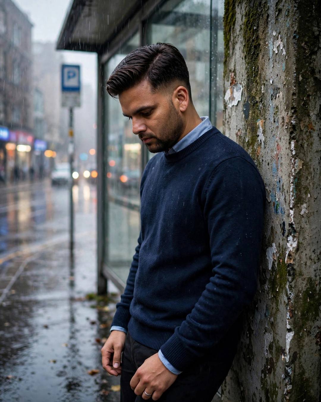 Young Indian man in navy sweater leaning against a mossy weathered wall at a rainy bus stop, head bowed