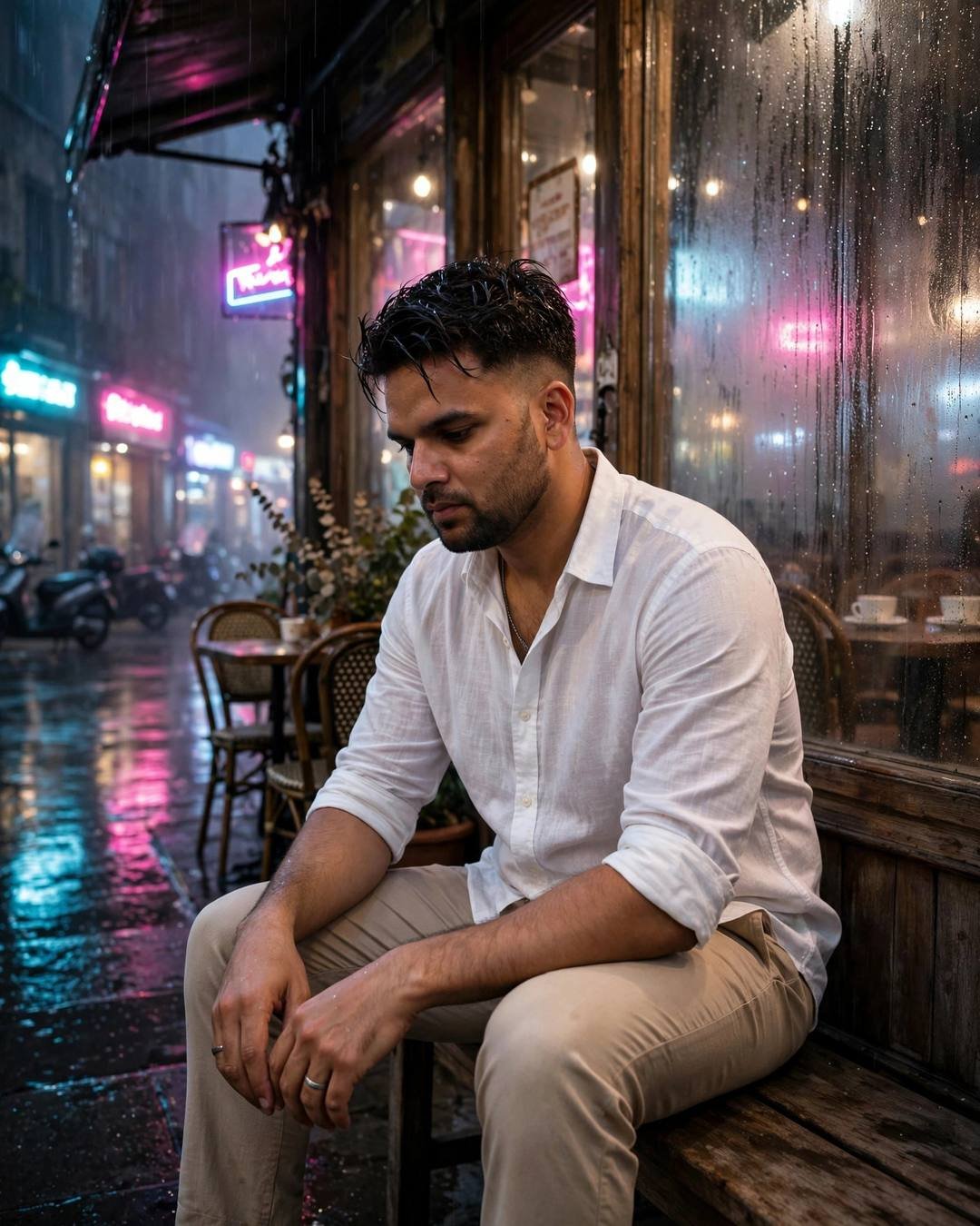 Young Indian man in white linen shirt sitting on a station bench at midnight, neon pink and cyan reflections on wet street, fogged cafe window