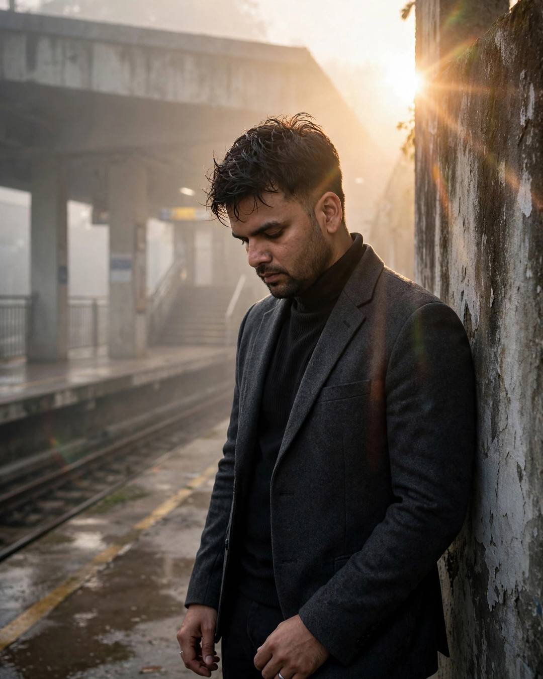 Young Indian man in charcoal blazer leaning against a weathered wall at a foggy metro station, golden dawn backlight with lens flare