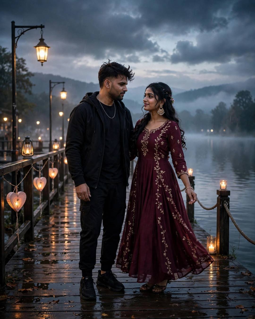Young Indian couple slow dancing on a wooden pier lit by heart lanterns and candles, storm clouds over a lake at dawn