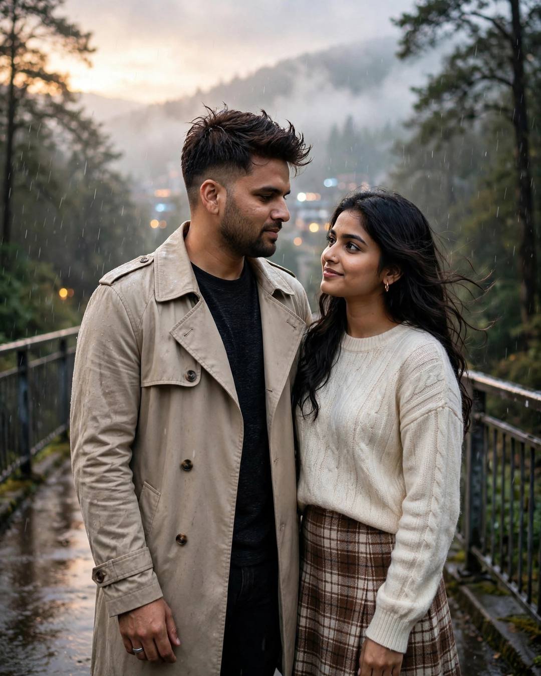 Young Indian couple standing close on a misty forest bridge in light rain, man in beige trench coat and woman in cream knit top, golden-blue hour