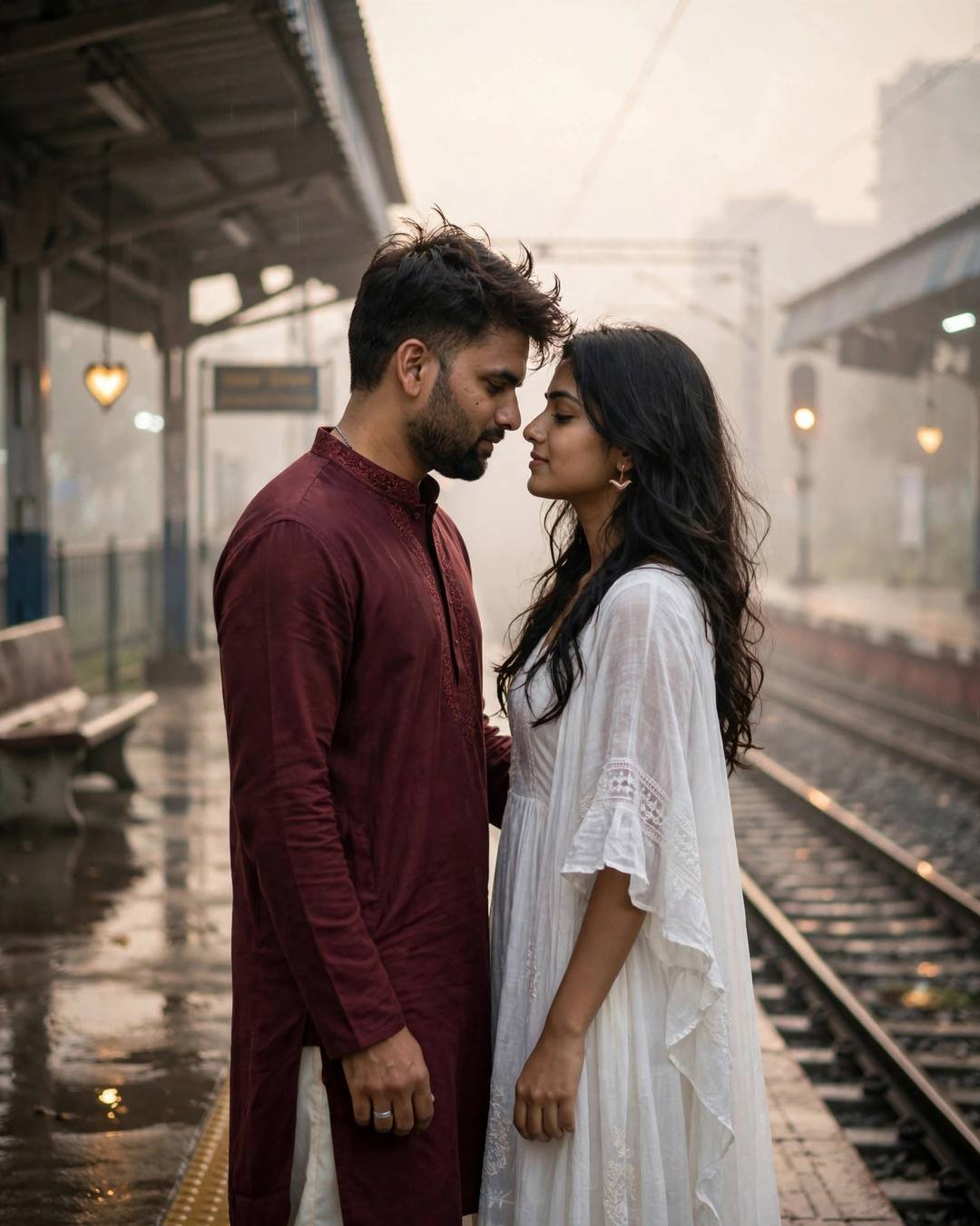 Young Indian couple face to face with foreheads almost touching on an empty railway platform at foggy dawn, man in maroon kurta and woman in white dress