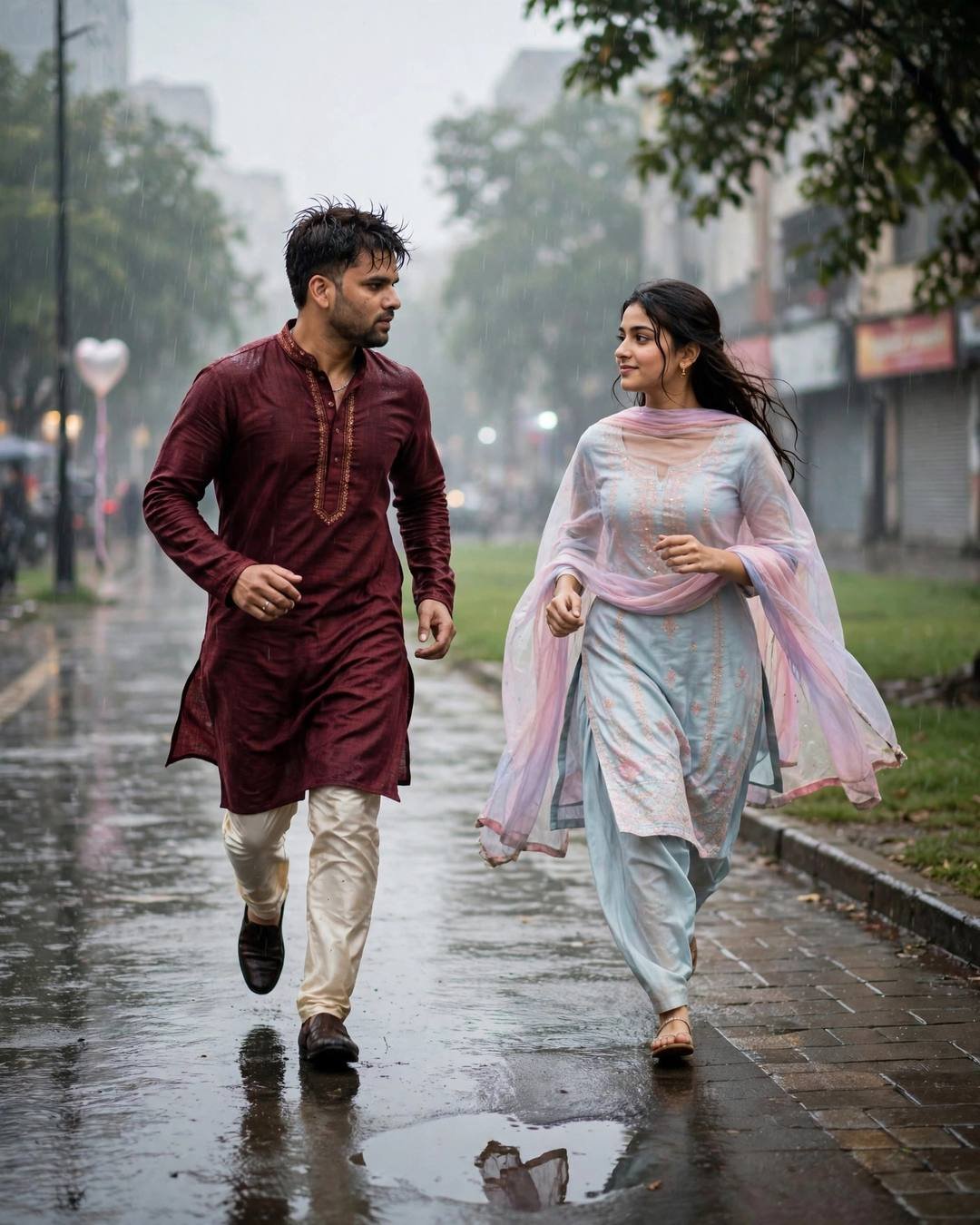Young Indian couple running toward each other laughing on a rain-soaked street at dawn, man in maroon kurta and woman in pastel salwar-kameez