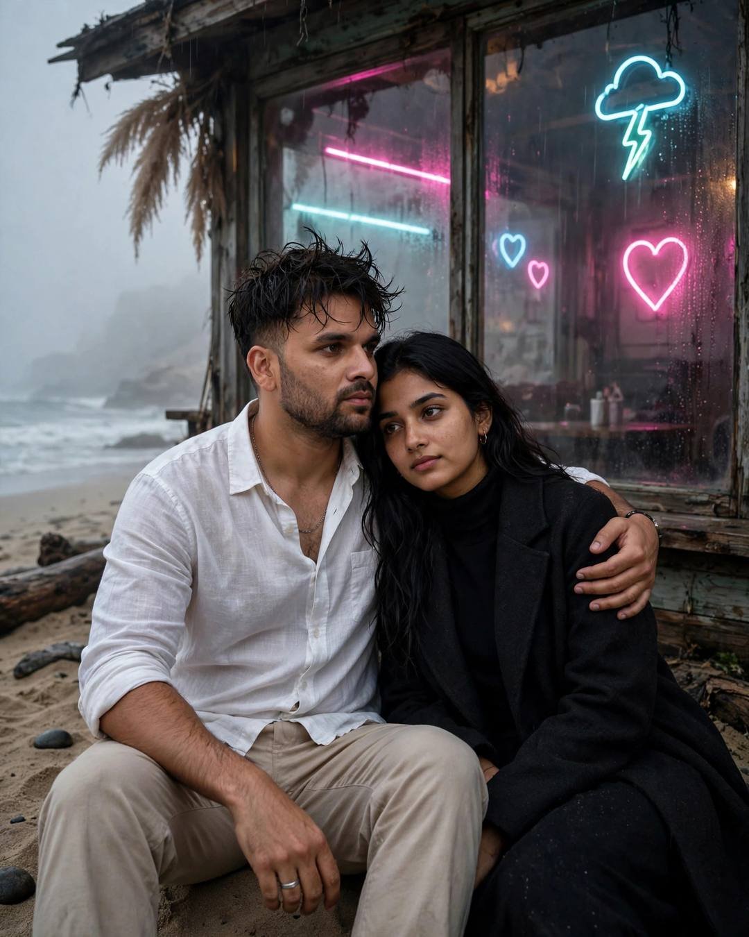Young Indian couple sitting on sand watching waves, man's arm around woman, old beach cafe with neon heart signs glowing in fog behind