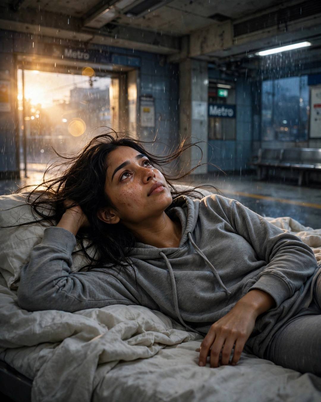 Young Indian woman in grey hoodie lying on a bed in a midnight metro station, tear on cheek, golden backlight through drizzle