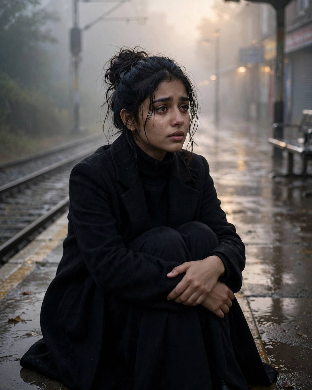 Young Indian woman in black turtleneck and long coat sitting with knees drawn up on a wet railway platform at night, fog and dawn light