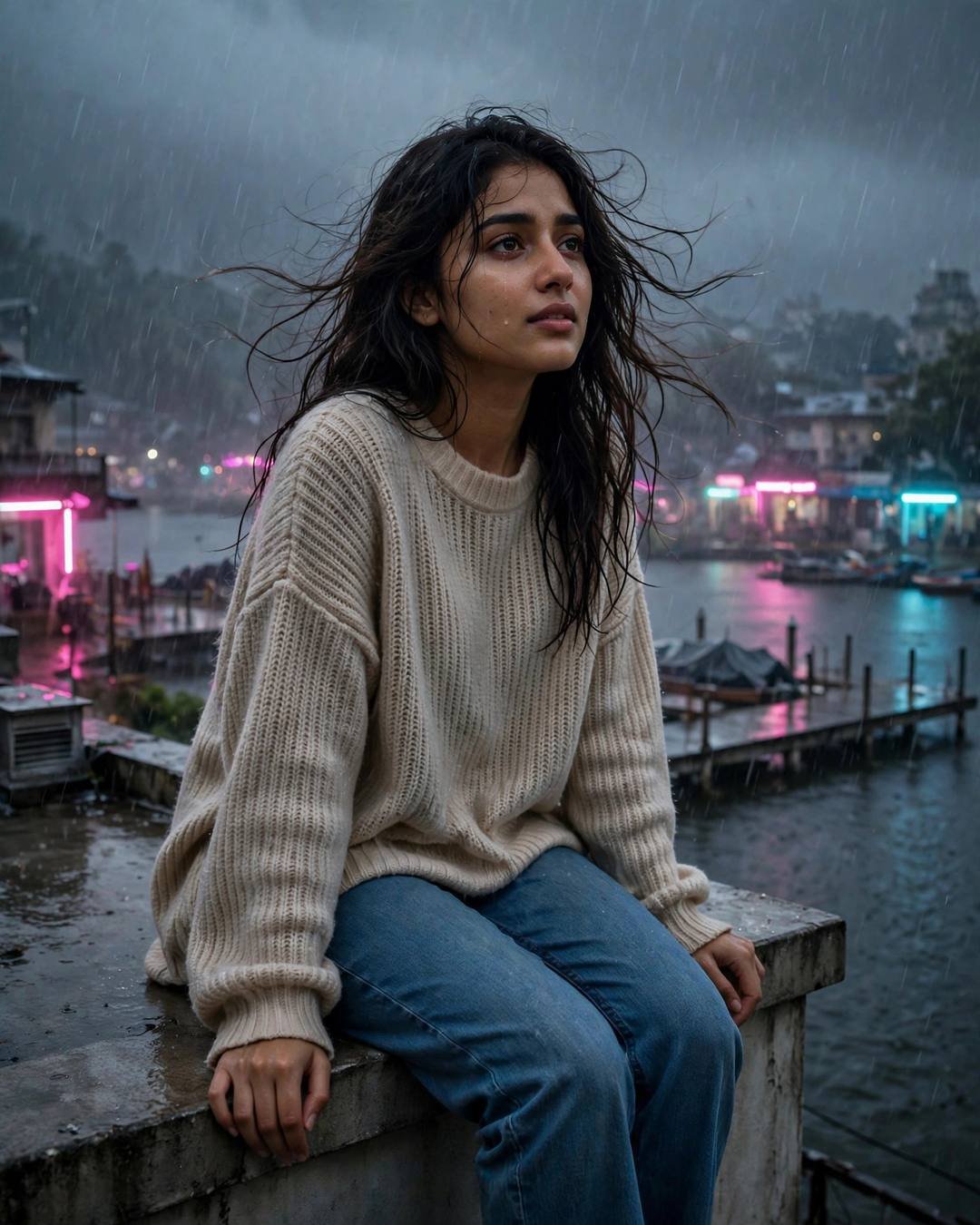 Young Indian woman in oversized beige sweater sitting on a rooftop ledge in heavy rain, neon pink and cyan lights across a lake pier at dawn