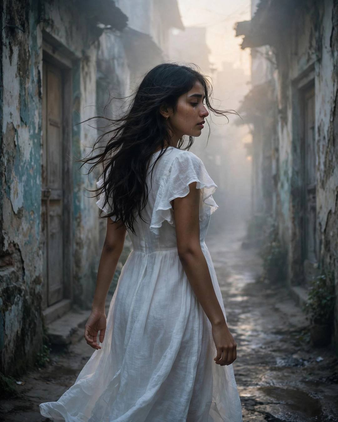 Young Indian woman in flowing white summer dress walking away down a narrow old-city lane with peeling walls, golden fog at dawn